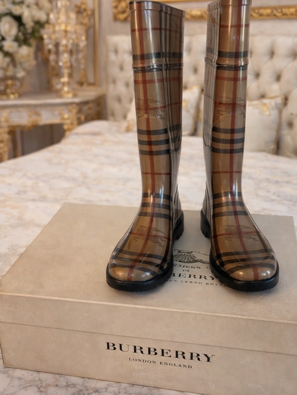 Burberry Plaid Glossy Beige and Black Rain Boots